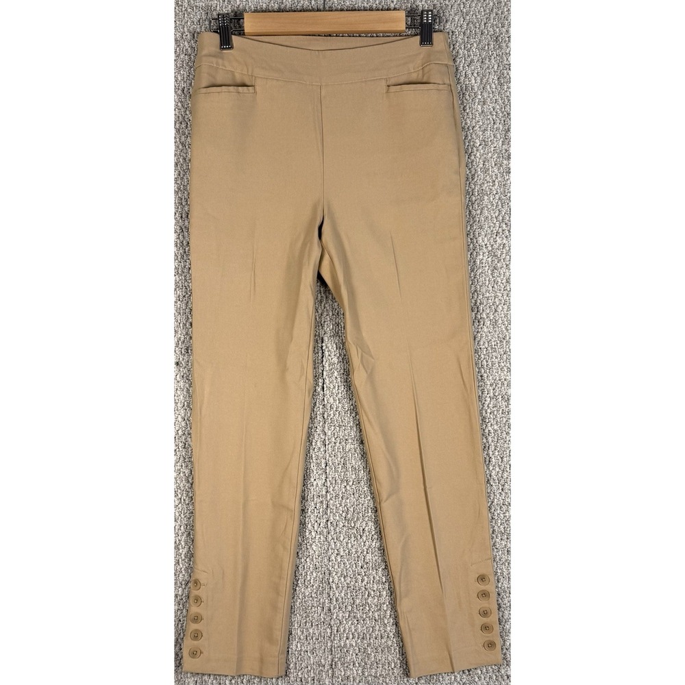 Chicos Womens 4R Pull On Pants Tan Slim Ankle Button Hem‎ Stretch Career